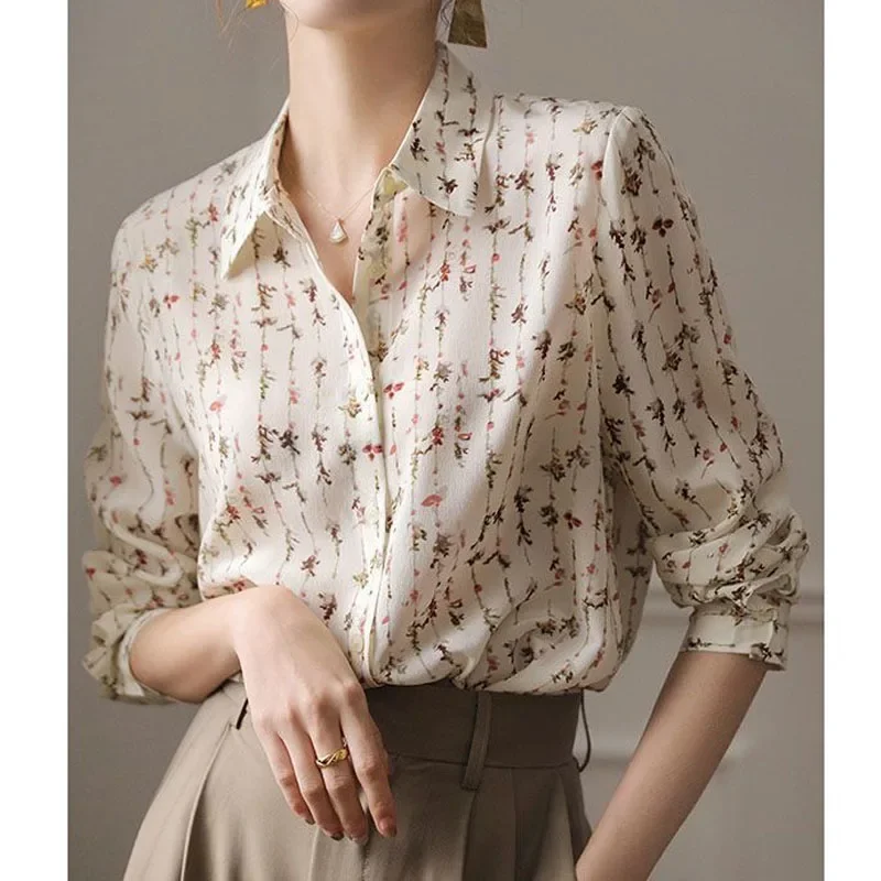 Элегантная модная женская шифоновая блузка на пуговицах с принтом универсальная