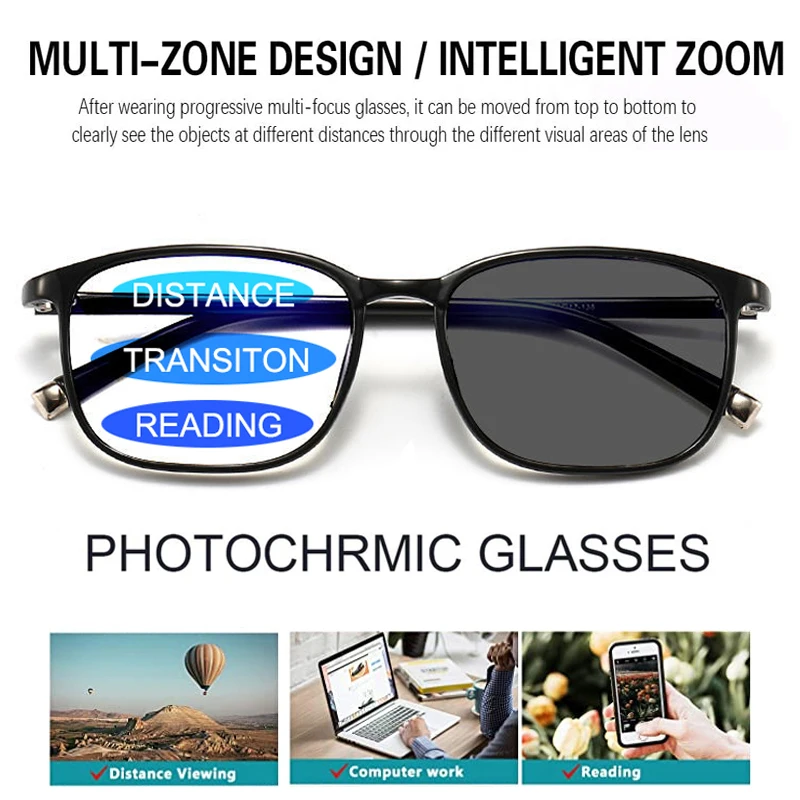 New TR90 Photochromic Reading Glasses Men's Progressive Multi-Focus Women's Anti-Blue Light Full Frame Anti-fatigue Eyeglasses