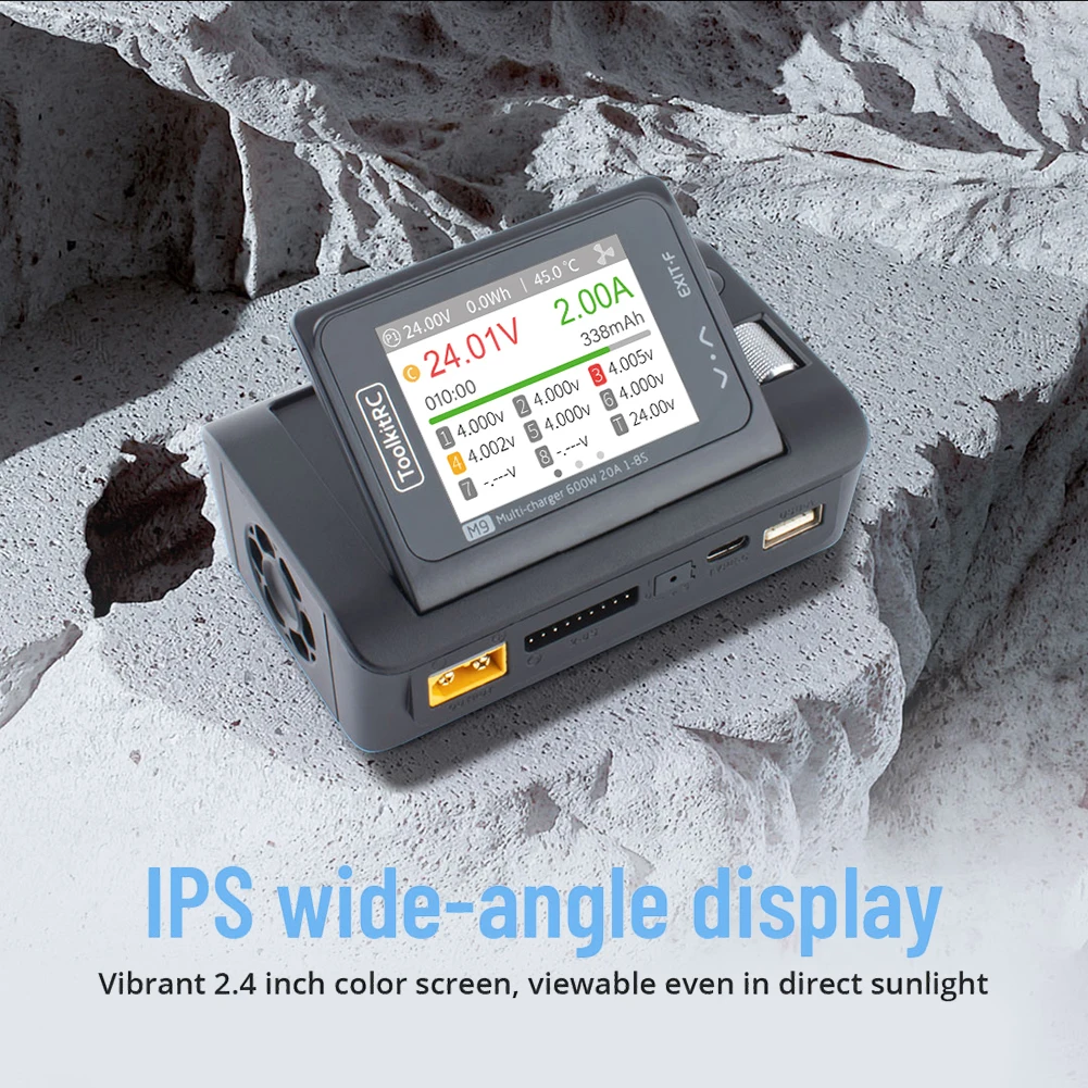 

ToolkitRC M9 600W 20A USB Fast Charing DC Smart Charger Adjustable Screen Angle with Audio Function For 1-8S Lipo LiFe Battery