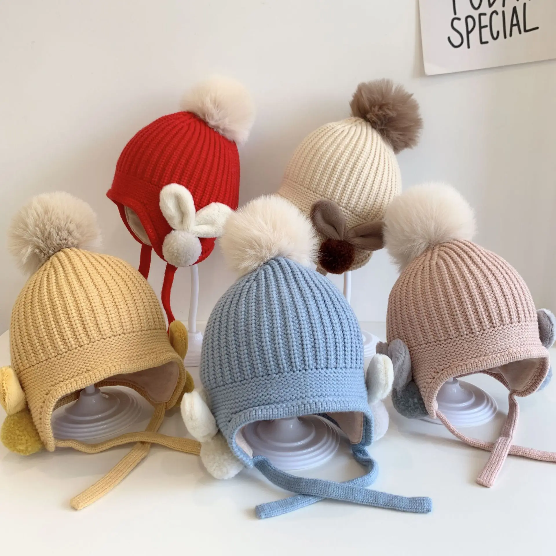 

Autumn Winter Kawaii Baby Hats Knitted Children's Wool Hat Cute Rabbit Boys Girls Cap Hair Ball Beanie Pompom Ears Warm Bonnet