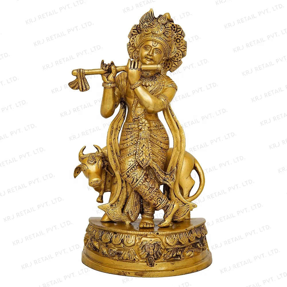 

Brass Krishna Statue Sculpture Idol With Cow Home Pooja Room Decor Statue Showpiece 12"