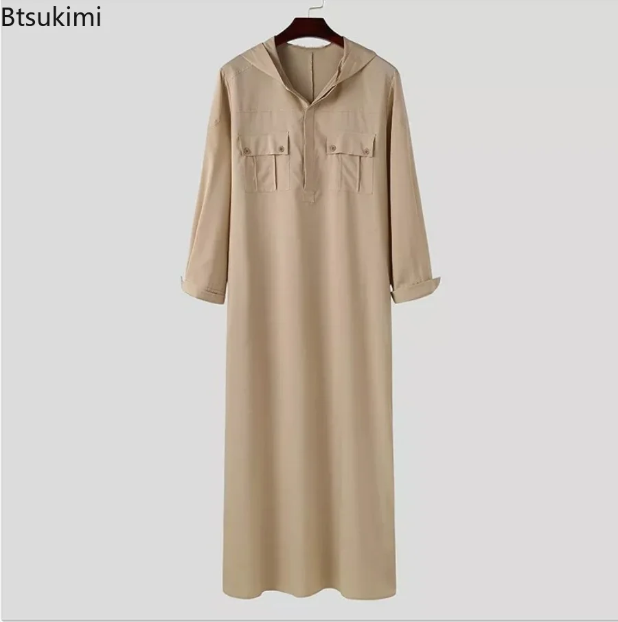 Muslim Fashion Abayas Solid Muslim Hooded Robes Multi-pockets Kaftan Middle East Buttons Jubba Thobe for Men Islamic Clothing