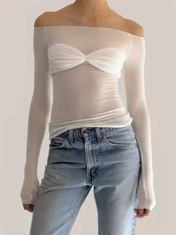 Women Y2K Mesh Blouse Long Sleeve Off Shoulder Ruched Twist Corset Crop Tops See Through Sexy Chic Shirts 2023 Summer