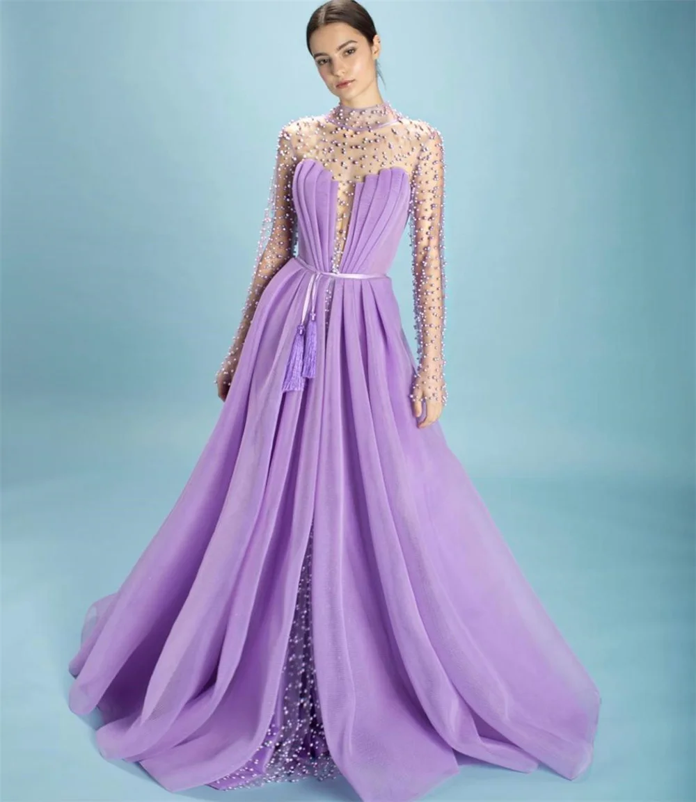 

Elegant Purple Women Evening Formal Dress 2023 Sheer Neck Pearls Beads Sleeves Pageant Prom Gowns Robe De Soiree Vestidos Feast
