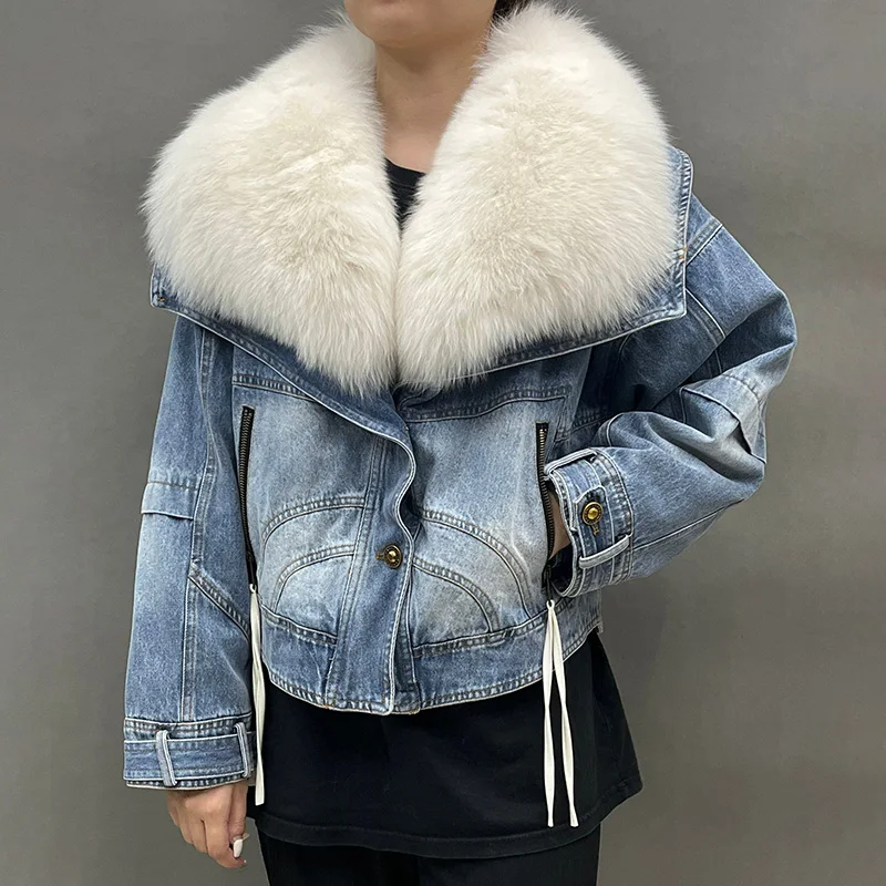

Winter Detachable Fox Fur Collar Denim Down Jacket White Goose Down Warm Jacket Women Niche Designer Oversized Parka S5875