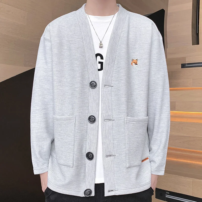 

2022 new men casual sweater brand lazy fox embroidered logo v neck cardigan street harajuku fashion street male fine fit coat