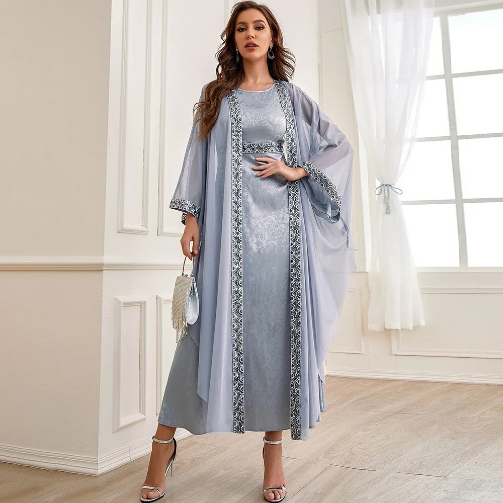 Women Spring Summer Muslim Brand Two-piece Mesh Embroidered Skirt Turkish Indian Abaya Arab Islamic Women Moroccan Kraftan Gown