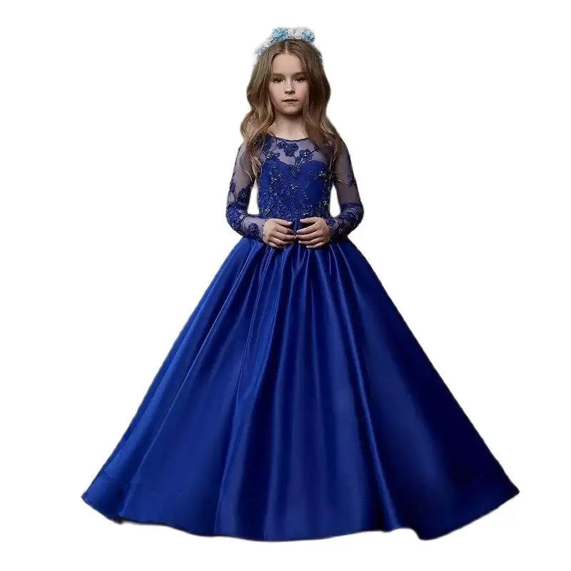 

Royal Blue Lace Appliqued Flower Girl Dresses For Wedding Beaded Toddler Pageant Gowns Satin Long Sleeves Kids Prom Dress