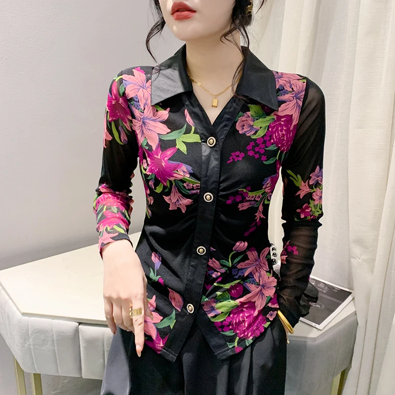 #7364 сетчатая рубашка с цветочным принтом Женская облегающая короткая отложным