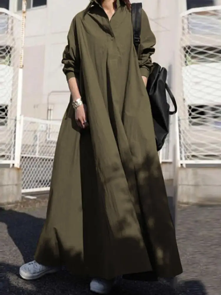 

kaftan Women Autumn Sundress ZANZEA Solid Shirt Dress Long Sleeve Maxi Vestidos Female Lapel Button Pockets Robe Femme Oversized
