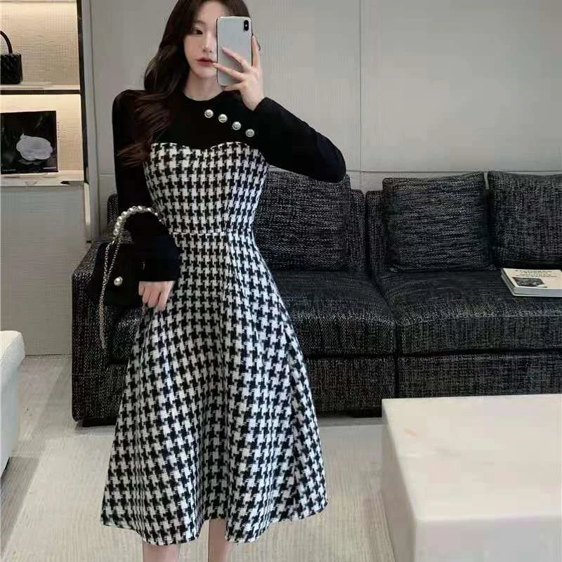Осенне-зимнее женское винтажное клетчатое платье в Корейском стиле Элегантные
