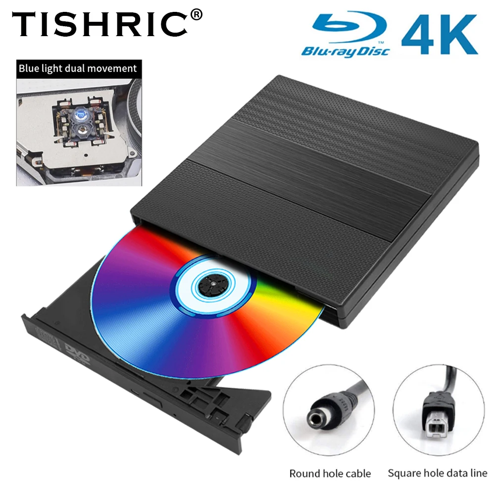 

Внешний оптический привод TISHRIC, 4K Blu-Ray USB 2,0 кабель, DVD-плеер, CD RW, привод для чтения только 3D Blu-Ray CD/DVD для Windows/IOS