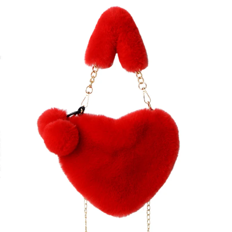 

2023 Faux Fur Women Handbags Heart Shaped Shoulder Bag Female Clutch Purse Chain Messenger Bag Plush Shoulder 2023 Bag