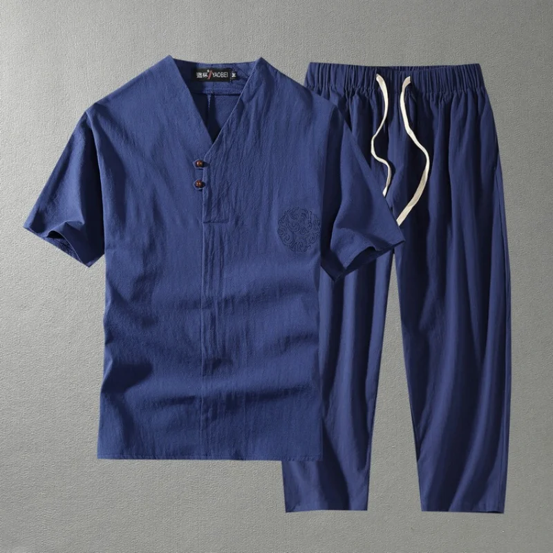 Chinese Style Suit Men's Summer Thin Linen Short SleeveTT-shirt-VCollar Embroidery Cotton Linen Fabric plus Size Overweight Man