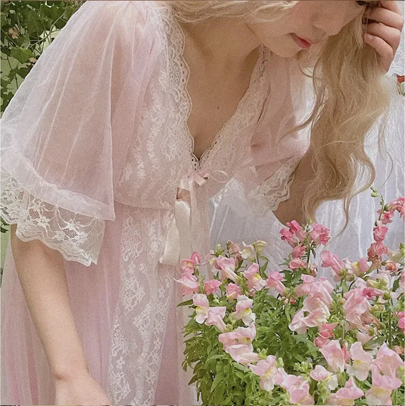 Винтажная кружевная ночная рубашка с розовым пальтом женская принцессы в стиле