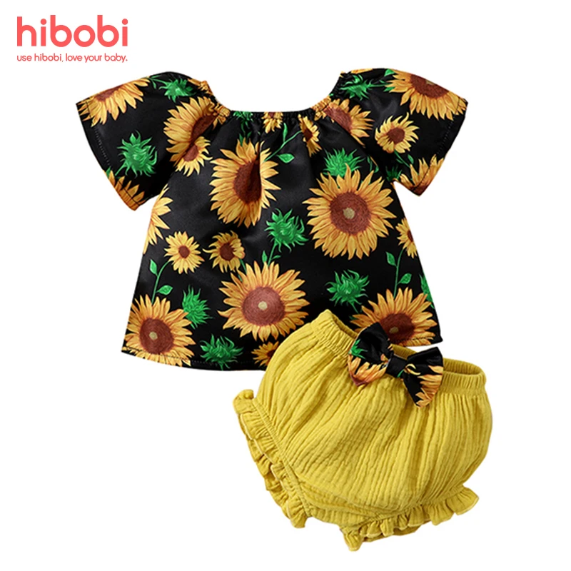 

hibobi Baby Girl Clothes Set Sunflower Print Girls Clothing Sets Summer Short Sleeve Cotton Baby Tops + Shorts 2Pcs Solid