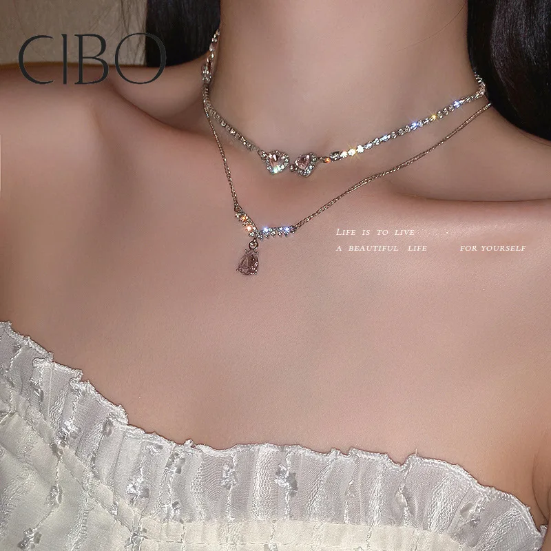 

Crystal Inlaid Chain Love Water Drop Double layer Necklace Korean Retro Style Clavicle Chain Trend Sweet Cool Girl Neck Chain