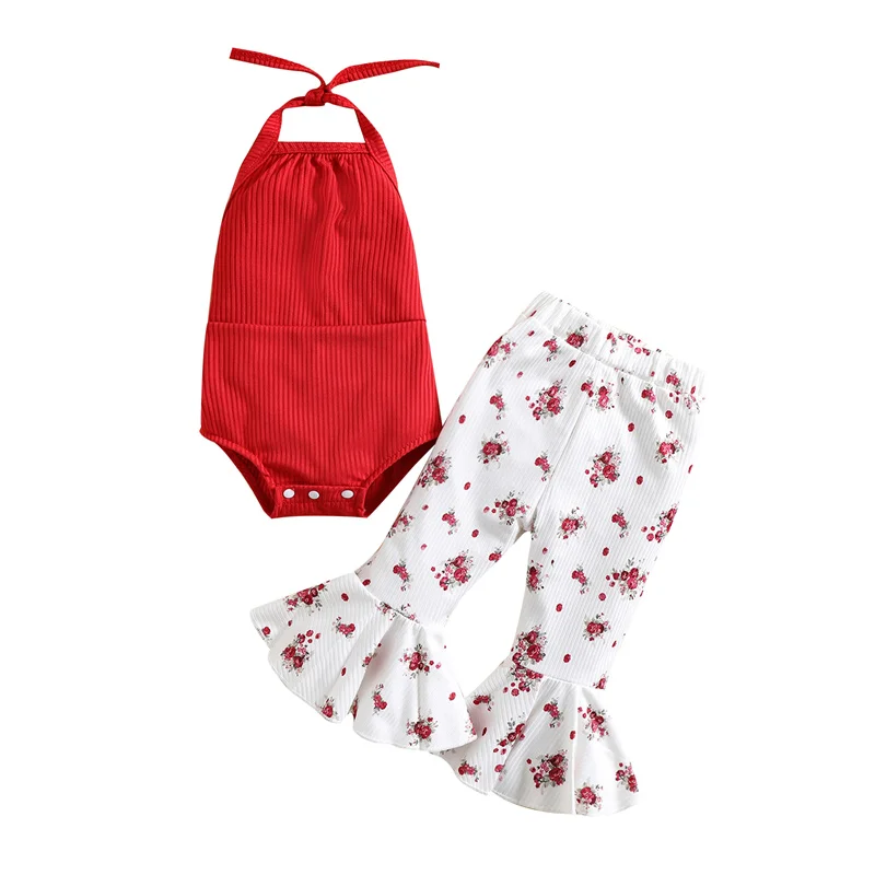 

Повседневная Милая Одежда для новорожденных, летняя майка с лямкой на шее, топы, расклешенные брюки, комплект одежды с цветочным принтом и ш...