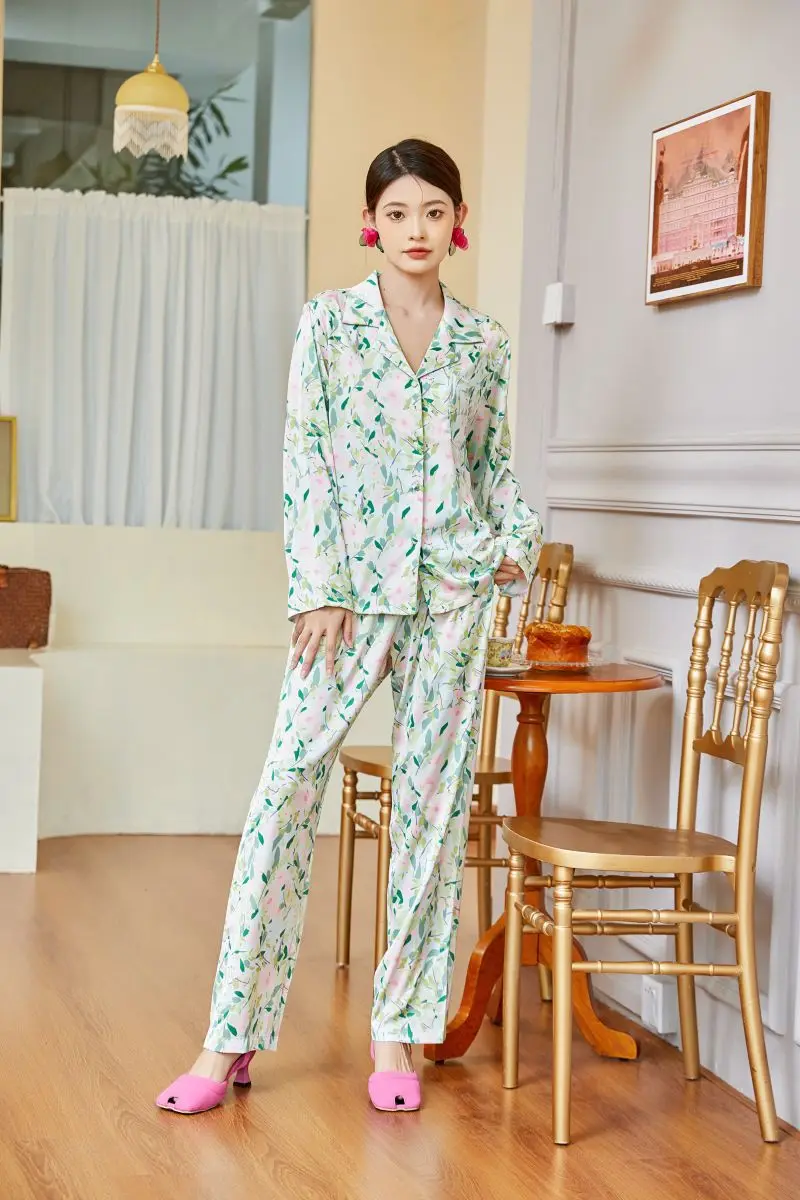 2022 new pajamas women's pastoral style floral ice silk homewear suit  pigiami donna pajamas for women