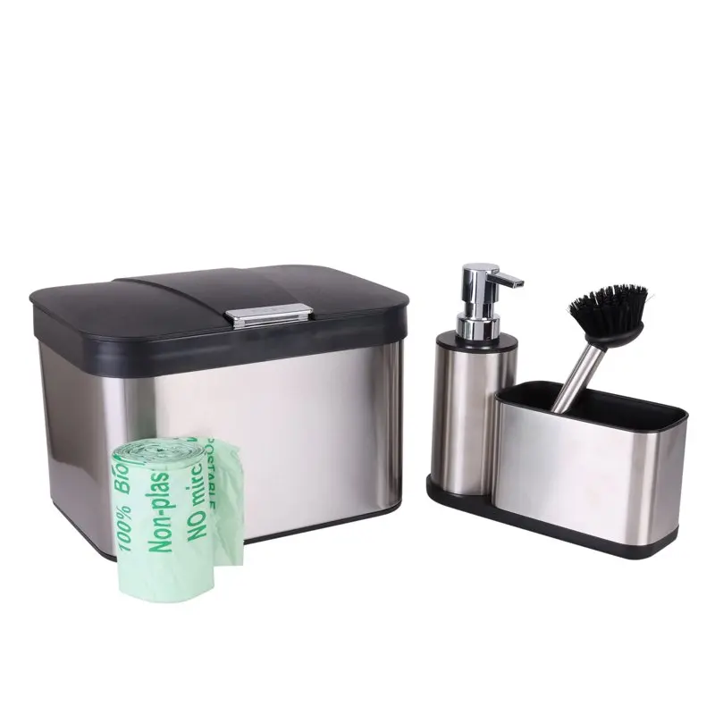 

Handsome Stainless Steel Compost Bin with Bonus Biodegradable Bags & Convenient Sink Organizer - Perfect for Kitchen Decor & Eco