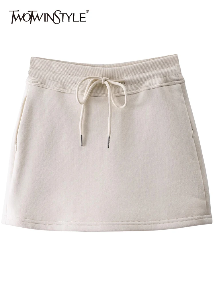 

TWOTWINSTYLE Patchwork Lace Up Skirts For Women High Waist Slimming Solid Minimalist Casual Mini Skirt Female Fashion Clothing