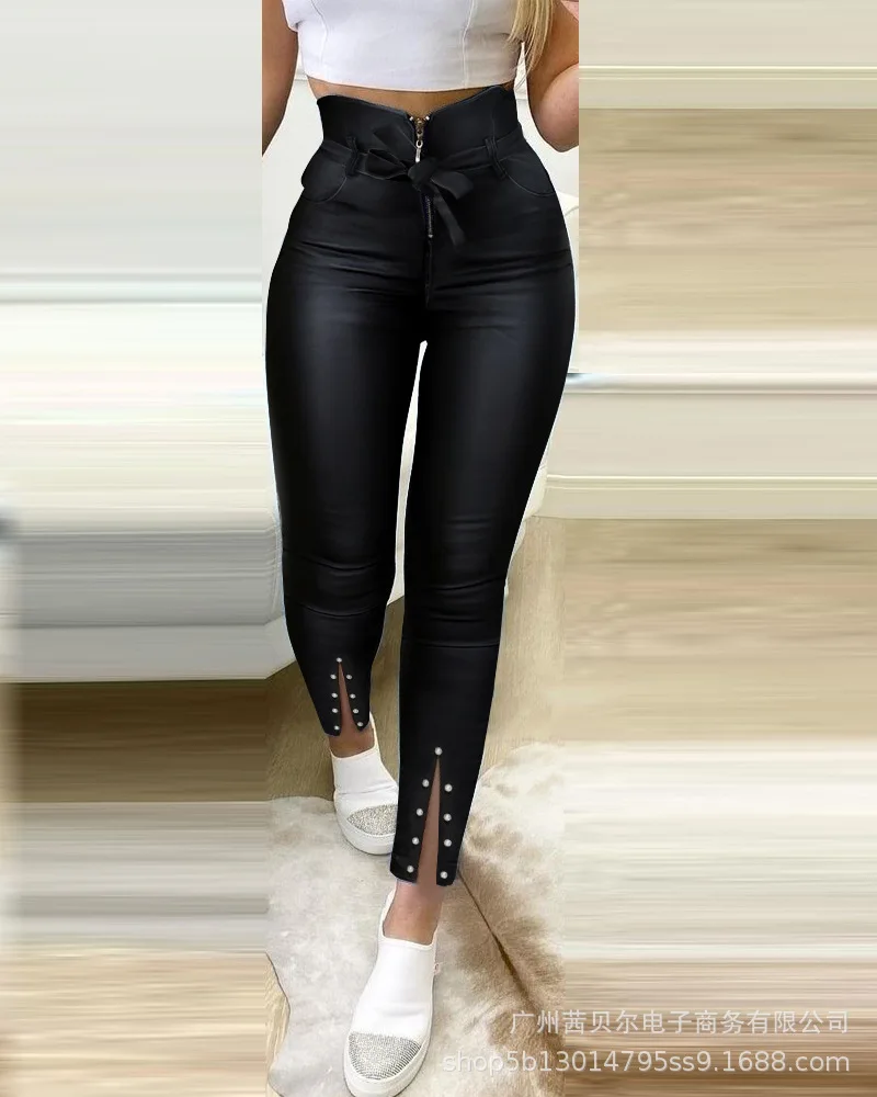 

2022 Spring New Solid Color Beaded Leather Pants Summer Skinny Pencil Pants Clubwear Sexy High Waist PU Pants Women