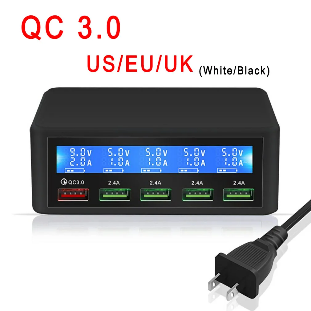 

QC 3.0 Quick Charger Portable Multi 5 Port USB LCD Display Fast Carregador For Iphone Xiaomi HuaWei Power Bank Charger