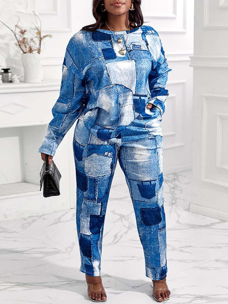 

Sets Outifits 2022 Denim Look Print Long Sleeve Top & Pants Set Of Two Fashion Casual Pieces For Women Tracksuits Fema