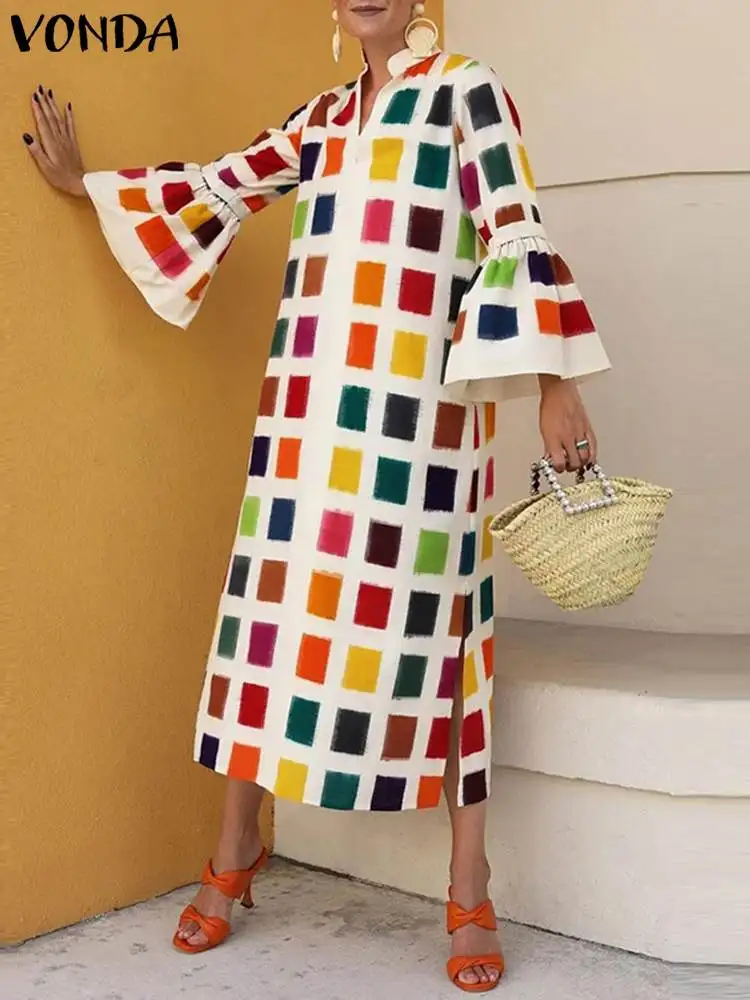 Plus Size 5XL Bohemian Midi Dress 2023 VONDA Women Plaid Printed Vestido Flare Sleeve Elegant Party Evening Sundress Casual Robe