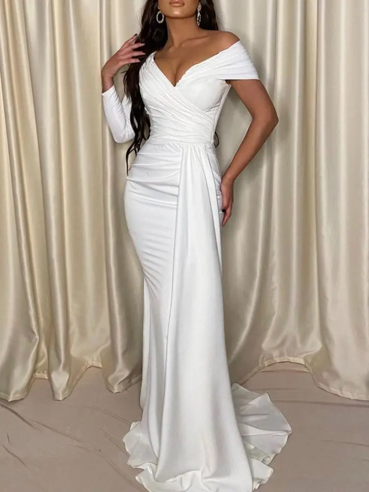 

White Long Evening Party Dress One Shoulder Full Sleeved Stretch Gown With Side Ribbon Bodycon Navy Burgundy Elegant Women Maxi