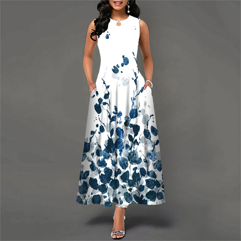

2022 Vintage Boho Print Women Sundress Summer Fashion O-Neck Sleeveless Long Dress Elegant Ladies Maxi Dresses Femme Vestidos