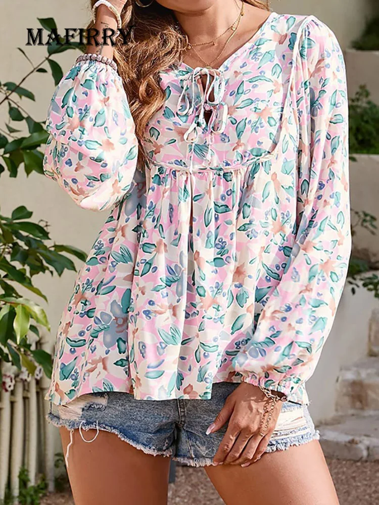 

Women Elegant Spring Summer Long Sleeve Tops Casual Female Patchwork Thin V Neck Blouse Loose Streetwear Pullovers Basic Clothes
