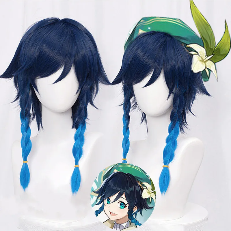 

Game Genshin Impact Venti Cosplay Unisex 50cm Blue Wig Cosplay Anime Cosplay Braid Wigs Heat Resistant Synthetic Wigs Wig Cap