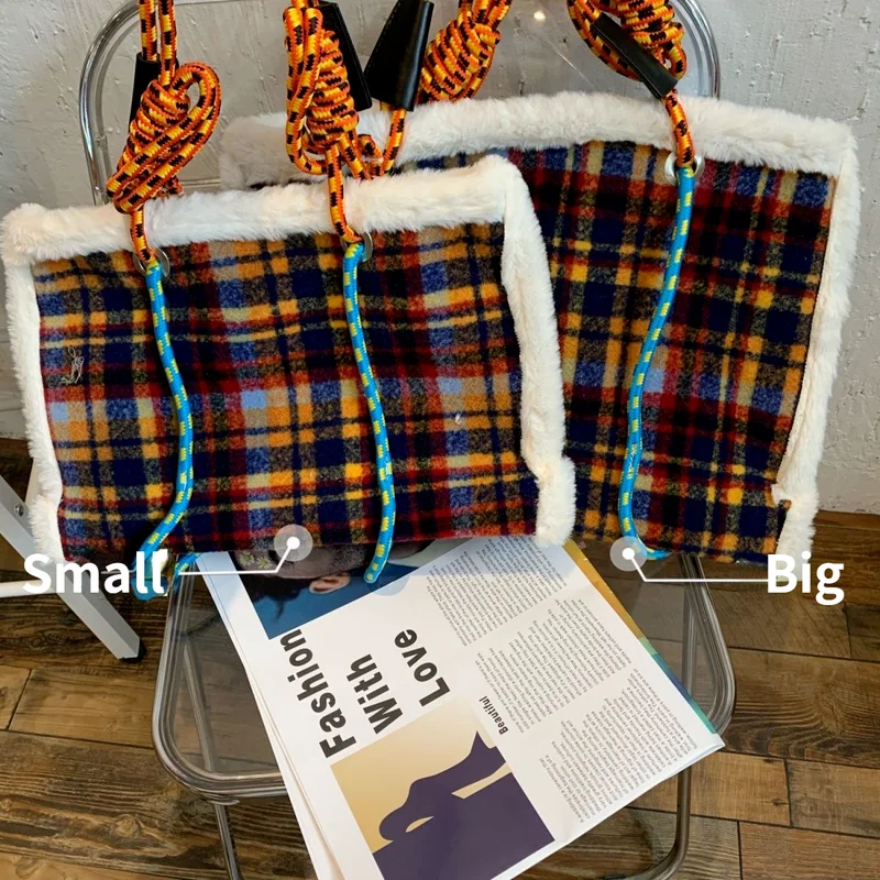 Зимняя трендовая сумка на плечо Xiuya Женская клетчатая из овечьей шерсти плетеная