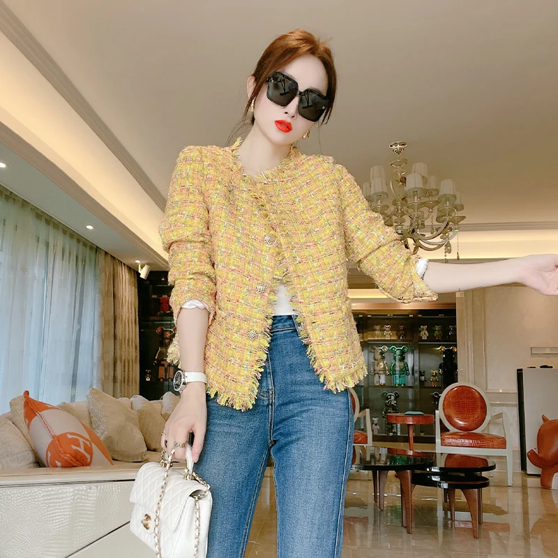 

Small Fragrance Tweed Jacket Coat Women Fall Winter French Gold Button Vintage Long Sleeve Temperament Stripe Jackets OL Outwear