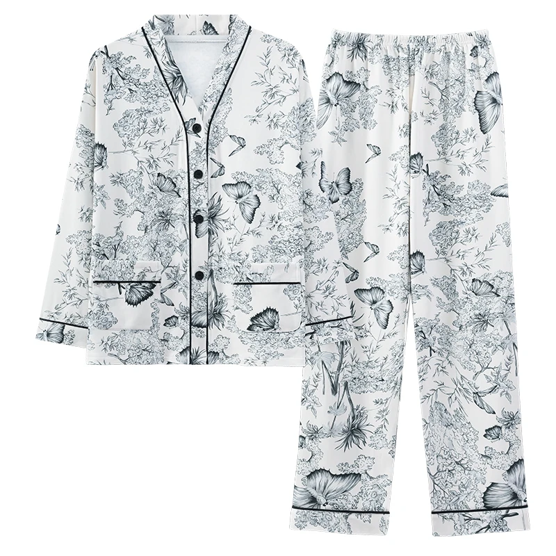 Women V-Neck Kinomo Pajamas Cute Florals Pajama Sets Cardigan Sleepwear Long Sleeve Top+Long Pants Home Clothing Pyjamas