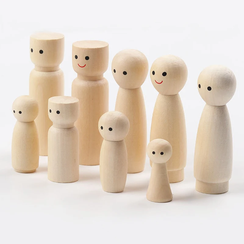 

10PCS Cute Small Wooden Handmade DIY Doll with Printed Eyes Unpainted Unfinished Bedside Table Ornaments Art Draw Naked Dolls
