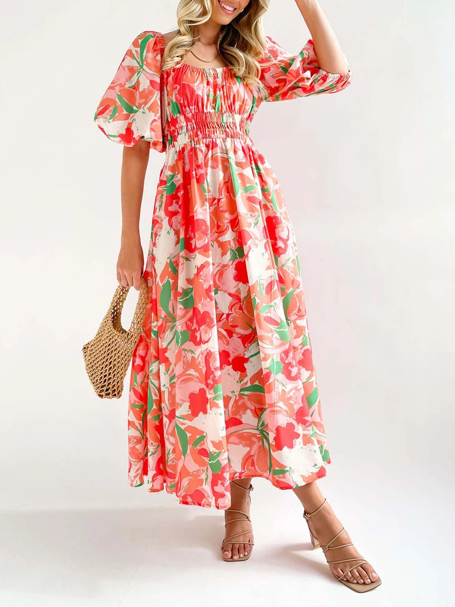 

Женское элегантное Макси-Платье с V-образным вырезом, без рукавов, с цветочным принтом и гофрированным подолом, идеально подходит для летних вечеринок и пляжной одежды