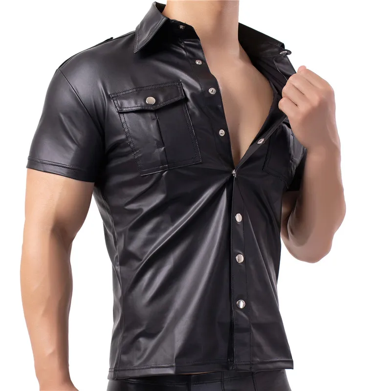 

Latex Mens Sleeve Dance Leather Faux Leather Shirt Shirts Nightclub Up Clubwear Stage Button Short Costumes Shirts Wetlook