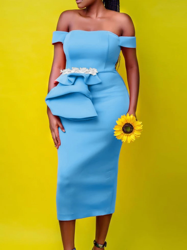 

Women Party Dress Off Shoulder Bodycon Slim Backless Sexy Ruffles Celebrate African Female Package Hip Event Gowns Ladies 2022