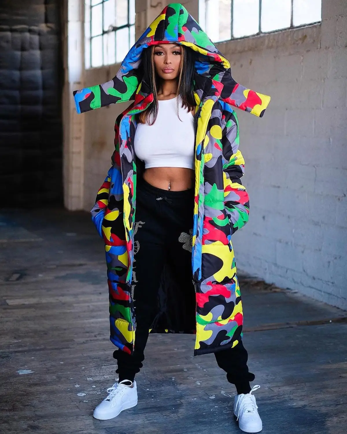 Winter Long Jacket for Women Camouflage Print Casual Long Sleeve Hooded Pocket Puffer Jacket High Street Warm Thick Bubble Parka