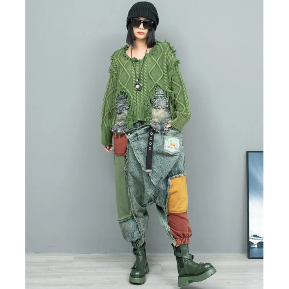 Женский джинсовый свитер с круглым вырезом и джинсы вязаный шерстяной костюм из