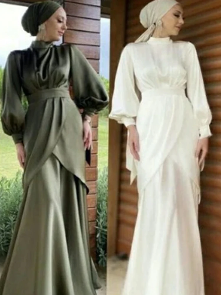 

Wedding Dresses for Women Muslim High Neck Long Sleeves Floor-Length Mermaid Satin Simple Formal Bride Gown Classic 2023 Hot