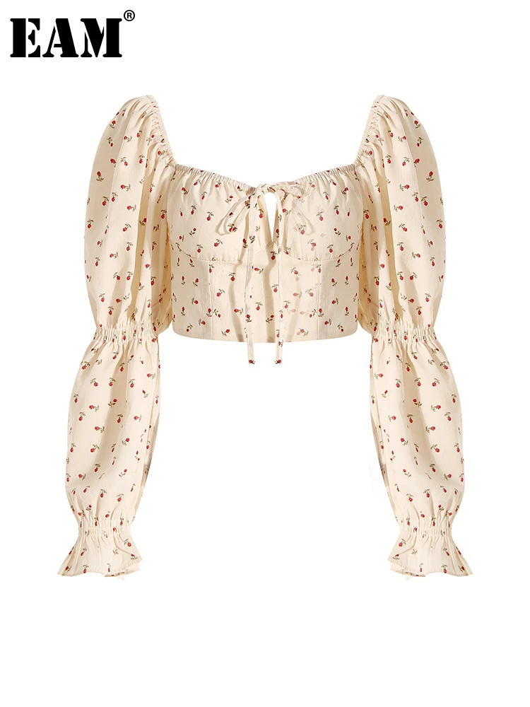 

[EAM] Women Beige Pattern Printed Elegant Short Blouse New Square Collar Long Sleeve Shirt Fashion Spring Autumn 2022 1DE97330