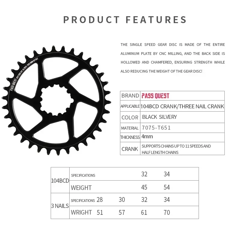PASS QUEST-Single-Speed Chainring 104BCD and GXP 3-Nail Dirt Jump Urban Street Action Bike Dedicated Single-Speed
