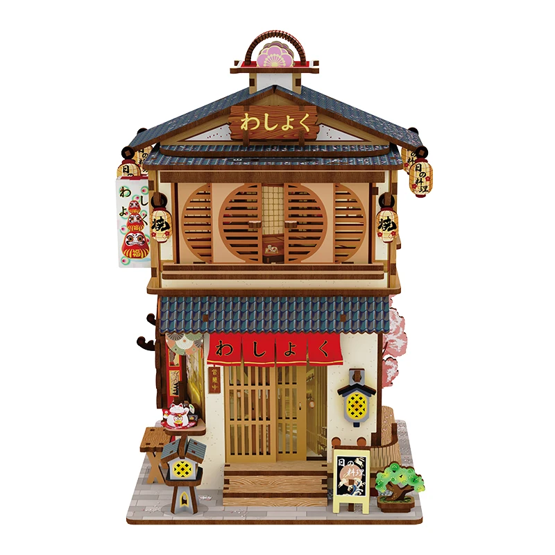 

DIY Japanese Restaurant Wooden Dollhouse Mini Street View Storage House Model Puzzle Assemble Toys for Children Christmas Gift