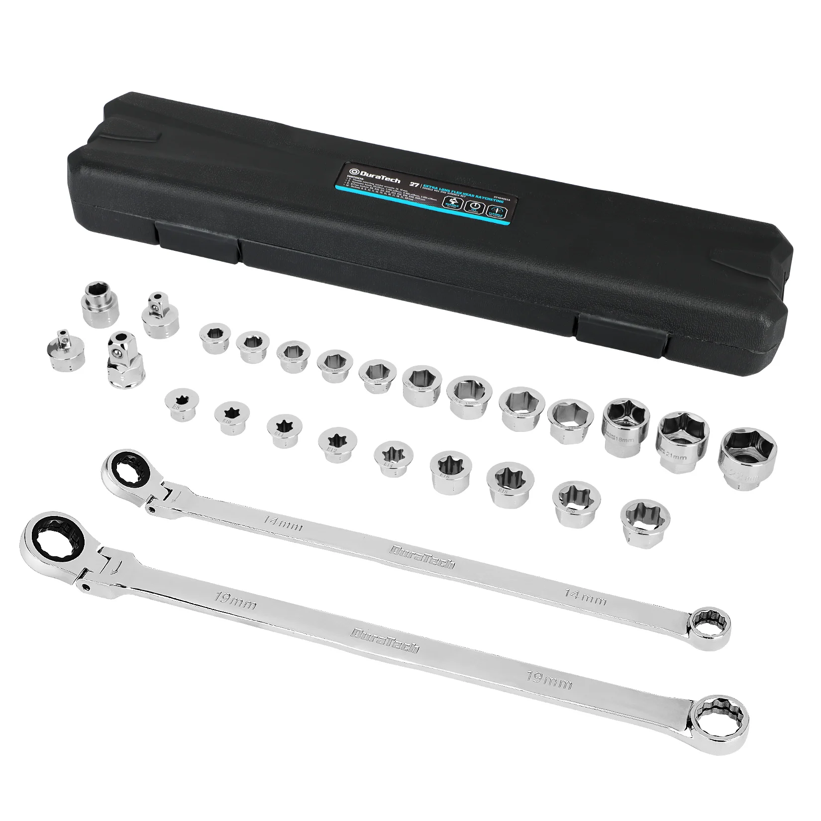 

DuraTech 27 шт. удлиненный набор ключей с двойной коробкой и трещоткой с гибкой головкой, ручной инструмент для авторемонта