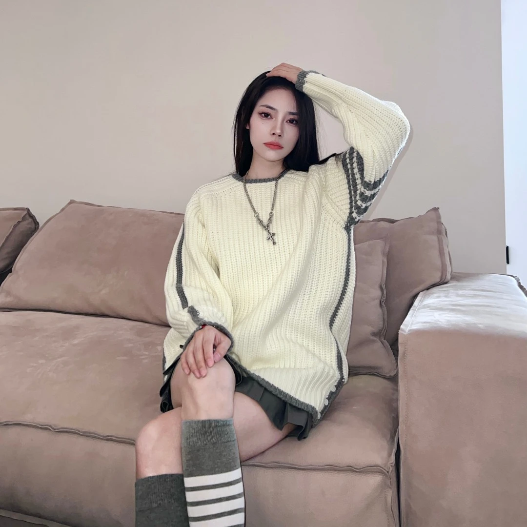 

Autumn Winter crew neck thick line wool Knitted women sweater long sleeves leisure loose couple coat Stylish Striped Decoration