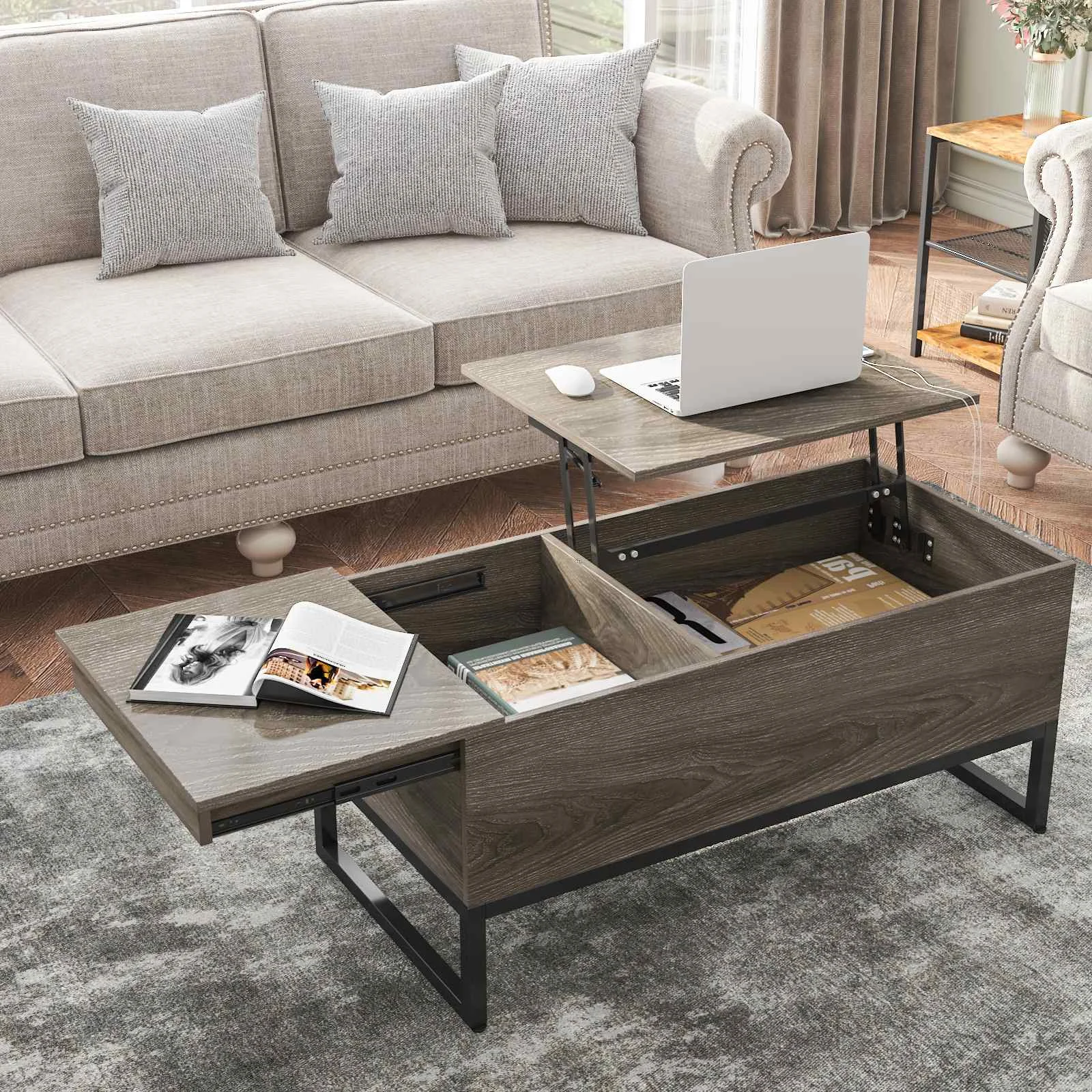 

Lift Top Coffee Table with Charging Station Modern Coffee Table with Storage and Hidden Compartment Lift Top Dining Table US