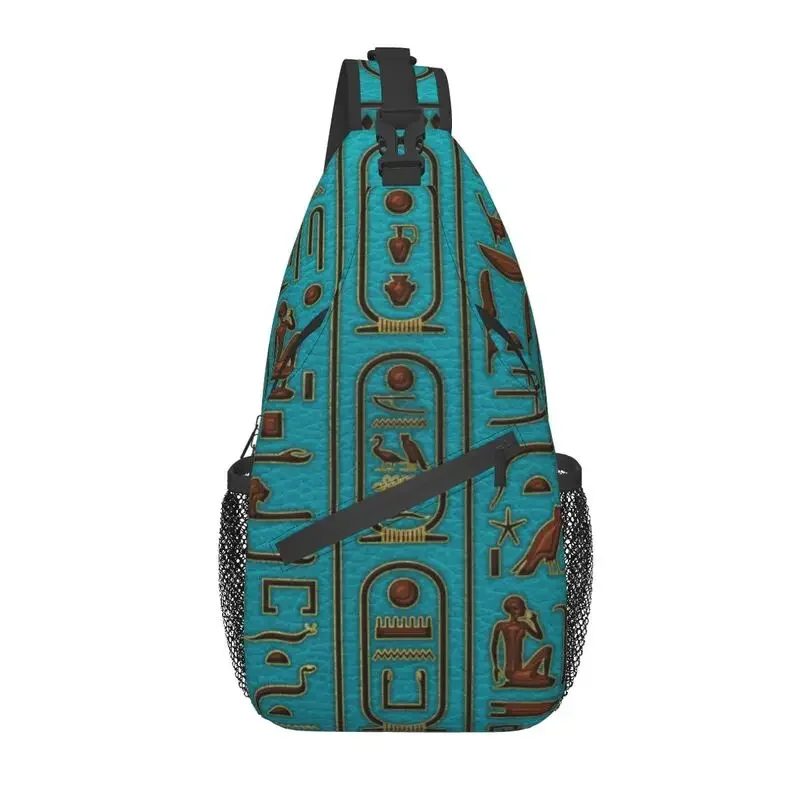 

Египетский золотистый кожаный Hieroglyphs рельефный Рюкзак-слинг через плечо мужская нагрудная сумка в древнем египетском стиле для кемпинга и езды на велосипеде